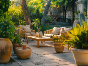 Idee für Gartengestaltung. Gemütliche Terrasse mit Sitzmöglichkeit und Pflanzen.