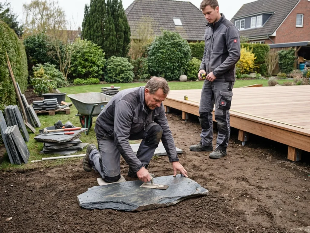 Zwei Arbeiter verlegen Steinplatten und bauen eine Holzterrasse im Garten.