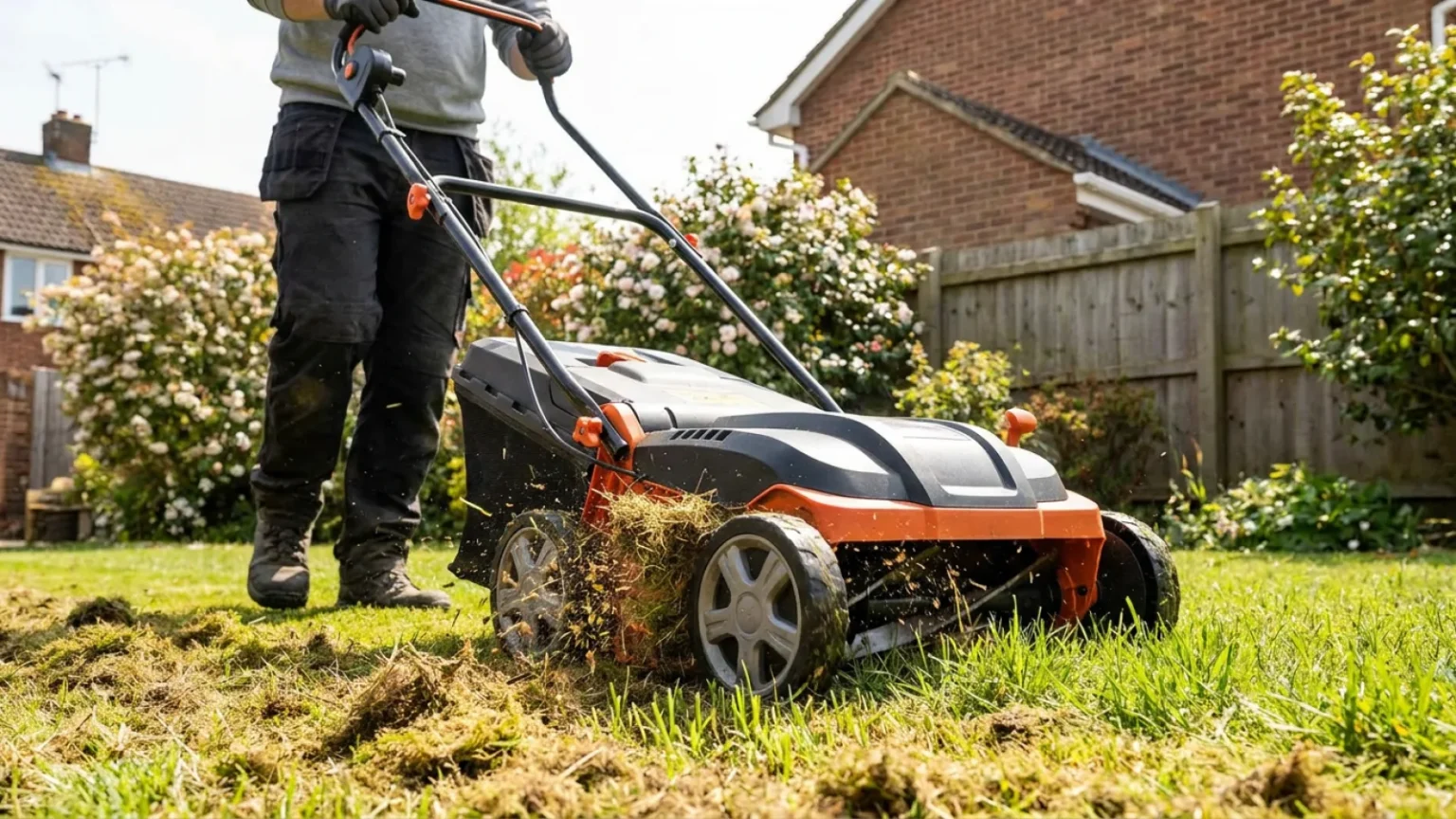 Ein Mann vertikutiert im Frühjahr seinen grünen Rasen mit einer Maschine.