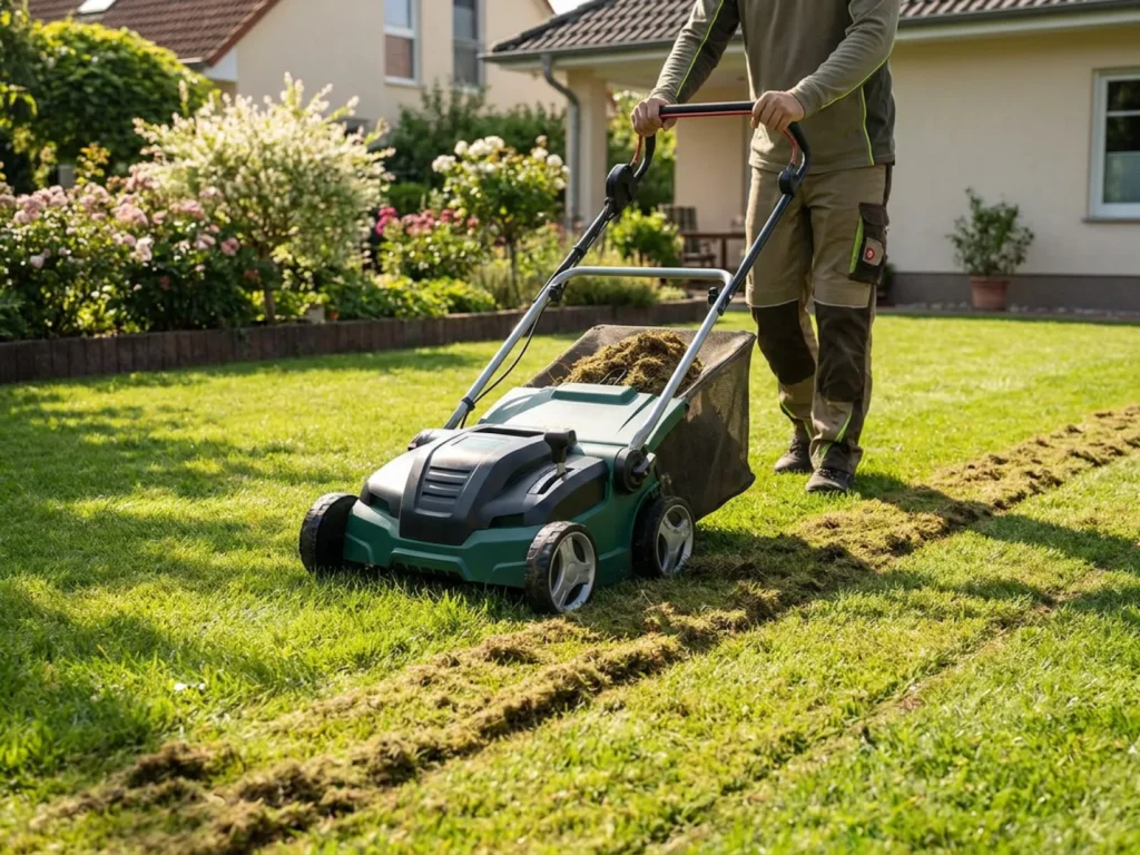 Eine Person pflegt den Rasen in einem sonnigen Garten mit einem Vertikutierer, der Moos entfernt.