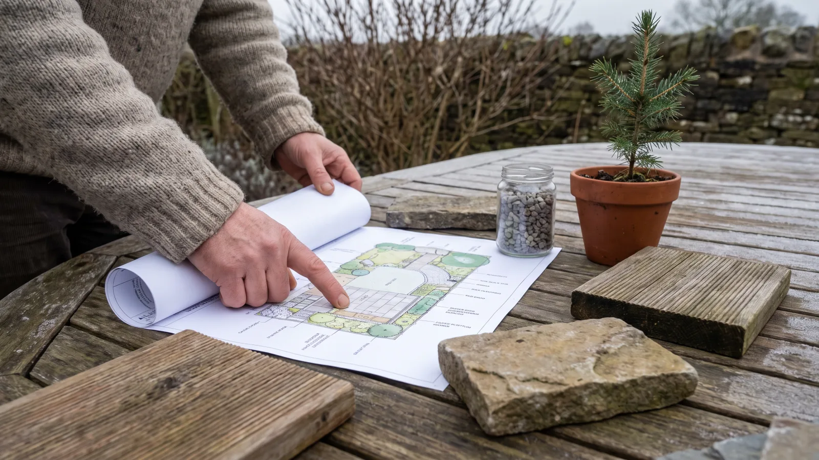 Hände zeigen auf einen Gartenplan auf einem Holztisch, umgeben von Mustern für die Garten neu gestalten Ideen.