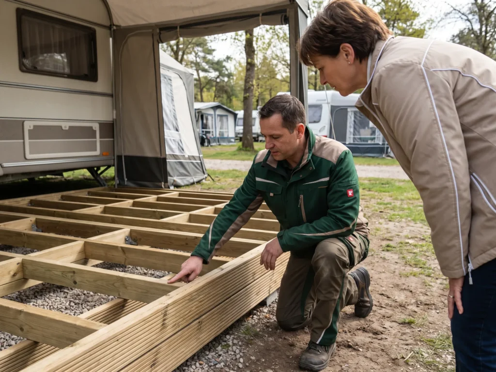 Vorzeltboden Dauercamping: Ein Handwerker in Arbeitskleidung erklärt einer Kundin den Bau eines Holzbodens für ein Vorzelt auf einem Campingplatz.